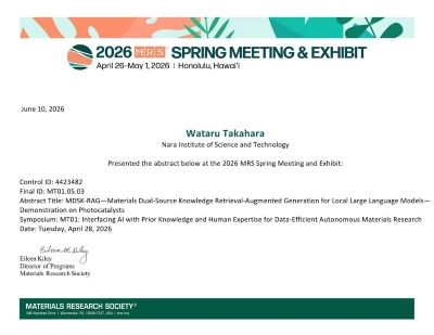 Wataru Takahara of the Materials Informatics Laboratory received the MRS MT01 Best Presentation Award at the 2026 MRS Spring Meeting & Exhibit