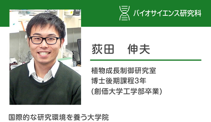 荻田伸夫 植物成長制御研究室 博士後期課程３年 (創価大学工学部卒業)「国際的な研究環境を養う大学院」
