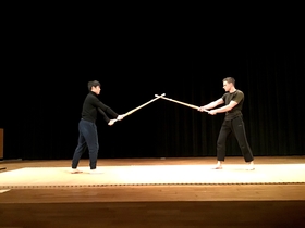 International students in a performance using various martial arts