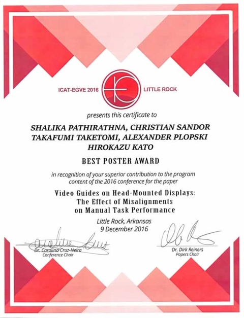 インタラクティブメディア設計学研究室のShalika Pathirathnaさんらが、ICAT-EGVE 2016においてBest Poster Awardを受賞
