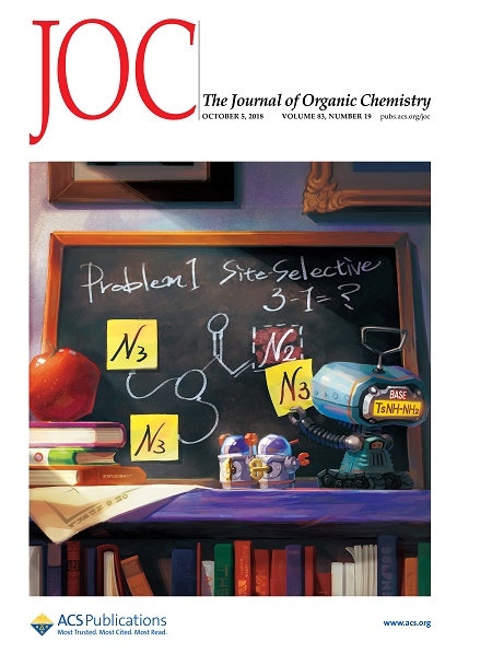 有機アジドに関する反応制御科学研究室の横井大貴さん(後期博士課程3年)、上田知美さん(2017年度修了)、谷本裕樹助教、垣内喜代三教授の研究論文がアメリカ化学会The Journal of Organic Chemistry誌の表紙(Supplementary Cover)に選出