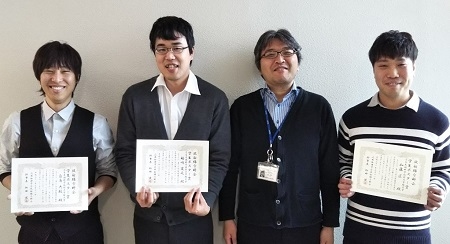 センシングデバイス研究室の加藤匠さん(博士後期課程3年)、白鳥大毅さん(博士前期課程2年)、福嶋宏之さん(博士前期課程2年)が第66回応用物理学会春季学術講演会において放射線分科会学生ポスター賞を受賞