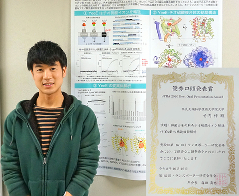 構造生命科学研究室の竹内 梓さん（博士前期課程2年）が第15回トランスポーター研究会年会において「優秀口頭発表賞」を受賞（令和2年10月16日）