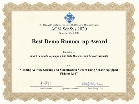 ユビキタスコンピューティングシステム研究室の福田 修之さん(博士前期課程２年)らがACM SenSys 2020において、Best Demo Runner-up Awardを受賞（2020/11/19） 